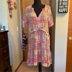 Anthropologie Robin yellow and pink floral print tiered short sleeve dress L